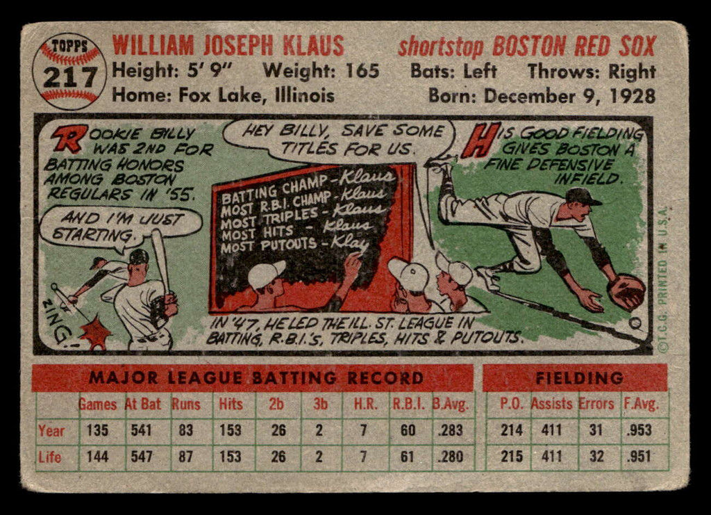 1956 Topps #217 Billy Klaus Good 