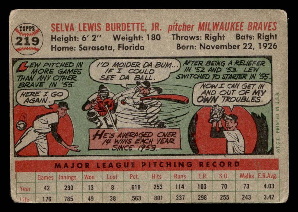 1956 Topps #219 Lew Burdette Poor 