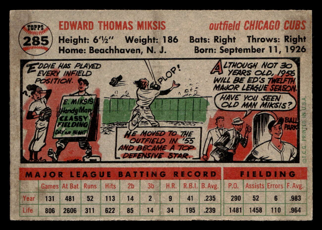 1956 Topps #285 Eddie Miksis Very Good  ID: 522920