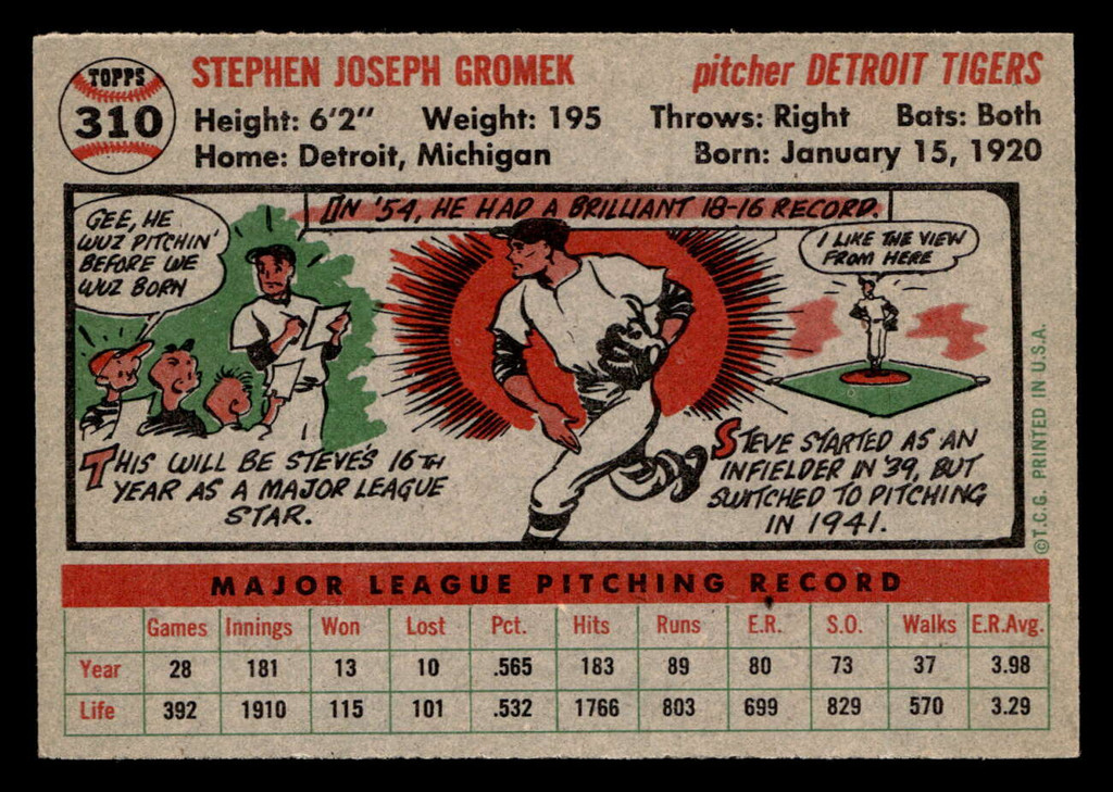 1956 Topps #310 Steve Gromek Very Good crease 