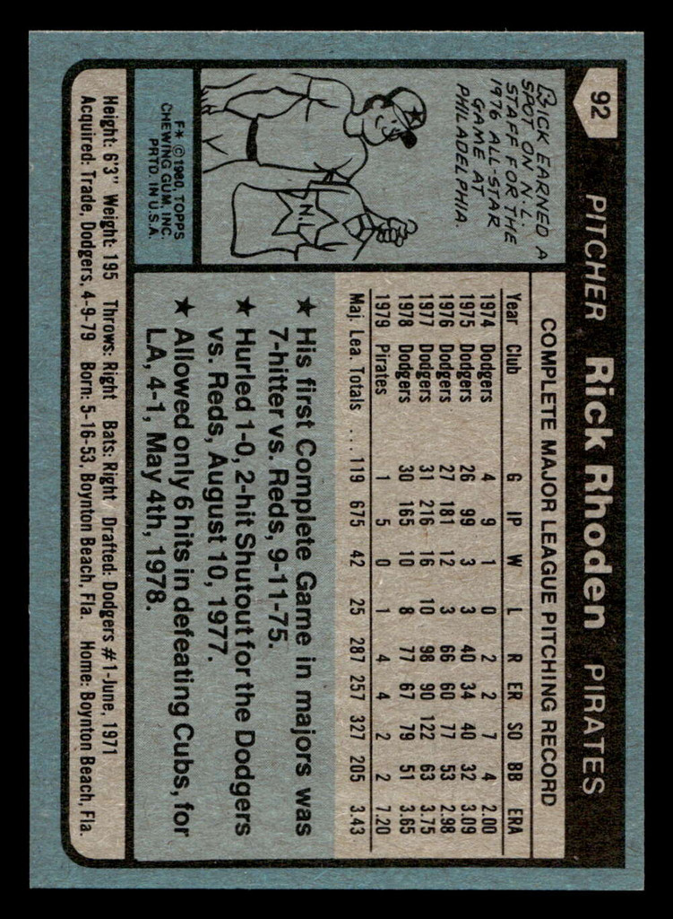 1980 Topps #92 Rick Rhoden Near Mint+ 