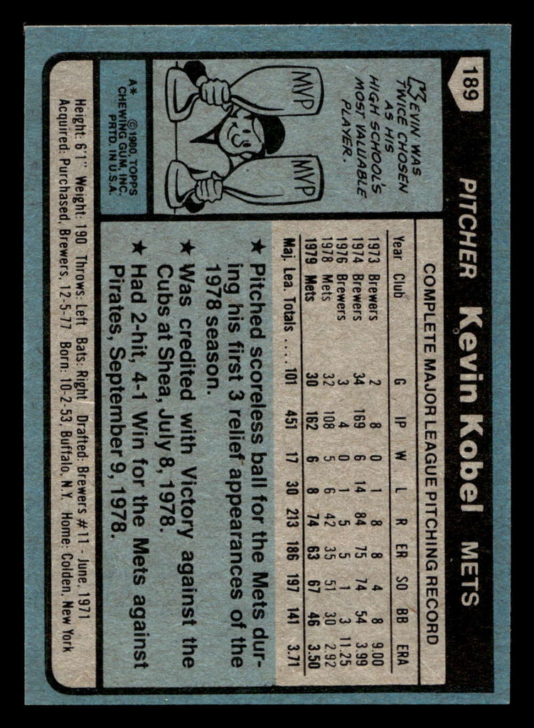 1980 Topps #189 Kevin Kobel Near Mint+ 