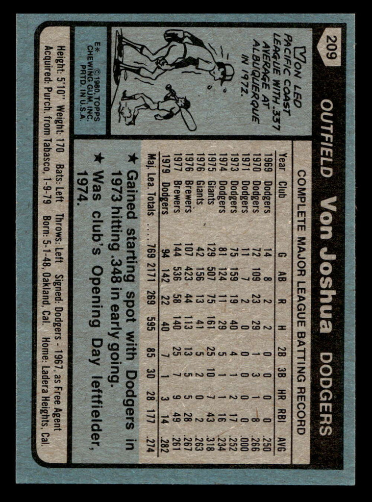 1980 Topps #209 Von Joshua Near Mint+ 