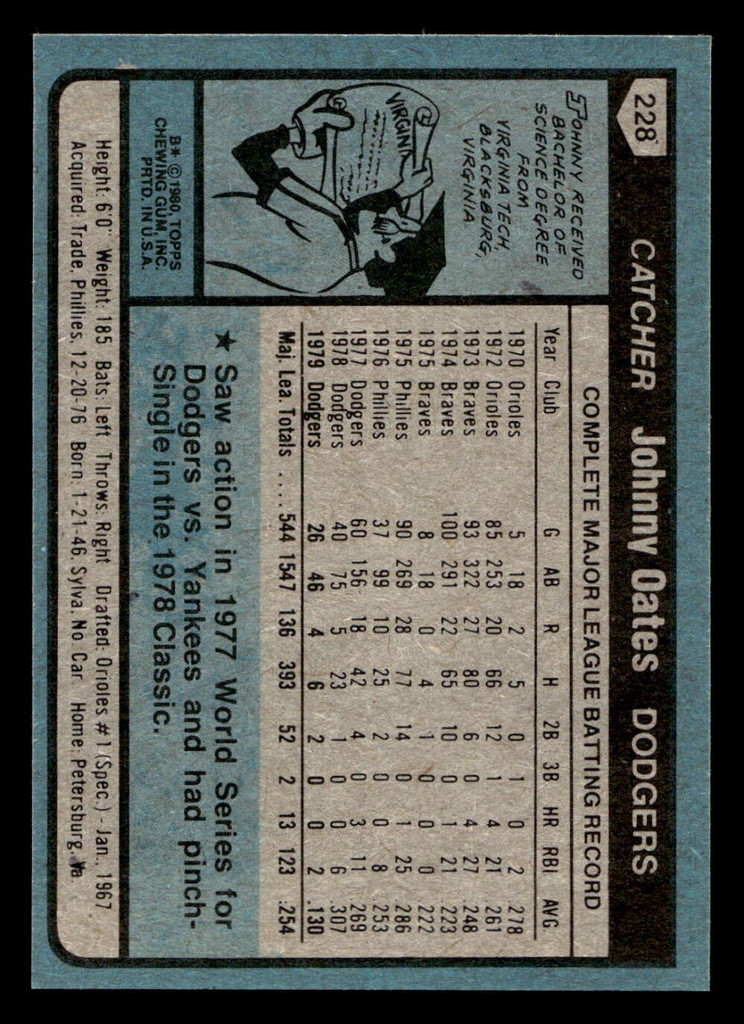 1980 Topps #228 Johnny Oates Near Mint+ 