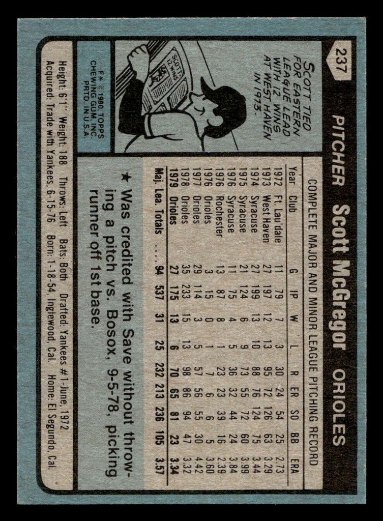 1980 Topps #237 Scott McGregor Near Mint 