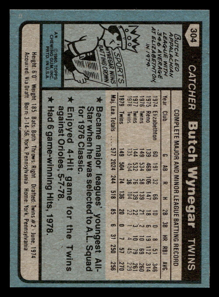 1980 Topps #304 Butch Wynegar Near Mint+ 