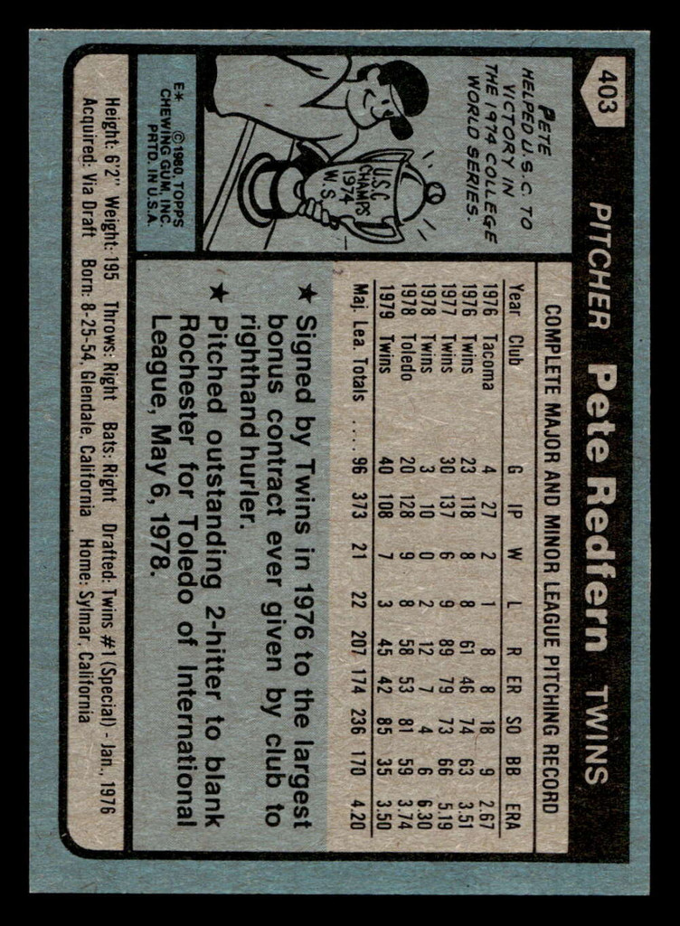 1980 Topps #403 Pete Redfern DP Near Mint 