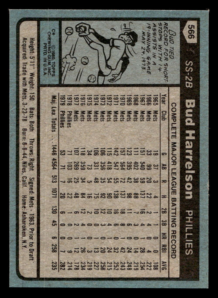 1980 Topps #566 Bud Harrelson Near Mint 