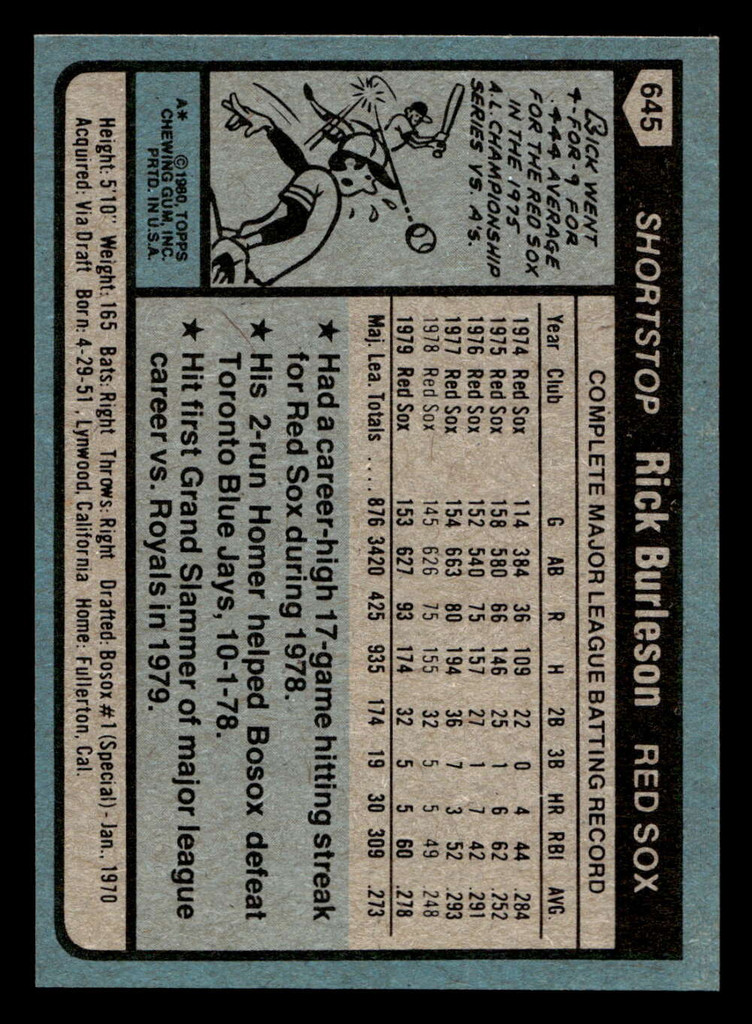 1980 Topps #645 Rick Burleson Near Mint 