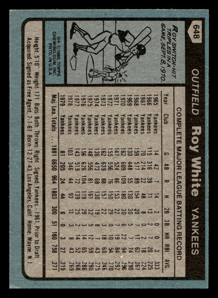 1980 Topps #648 Roy White Ex-Mint 