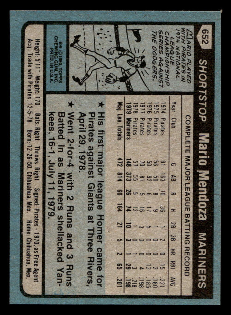 1980 Topps #652 Mario Mendoza Near Mint 