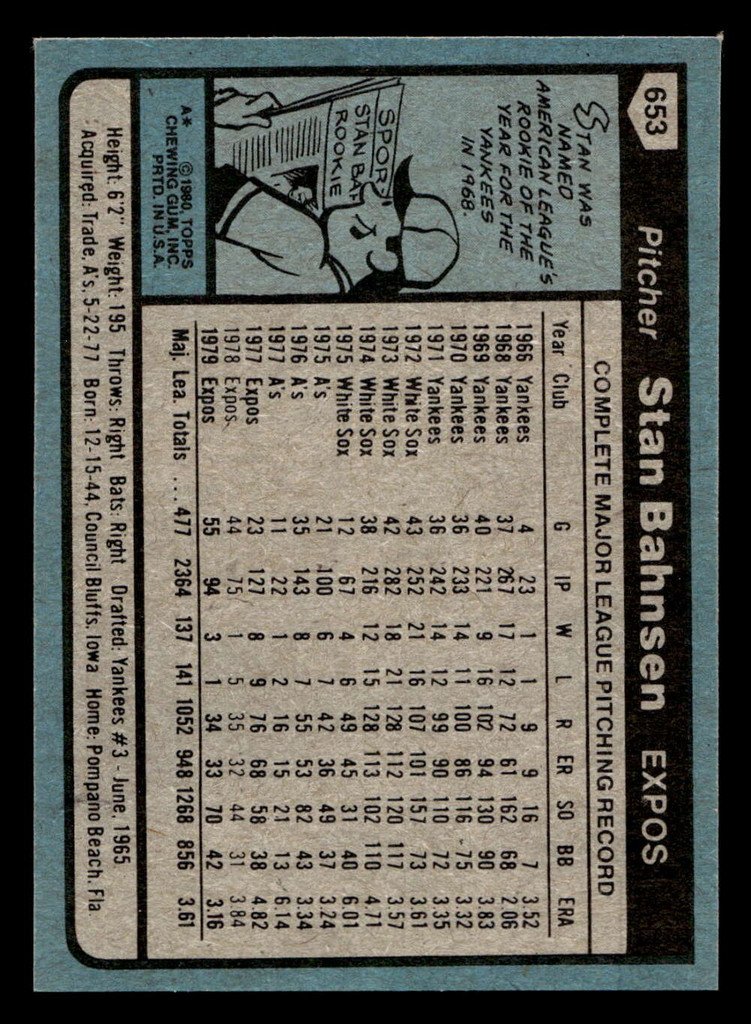 1980 Topps #653 Stan Bahnsen Near Mint 