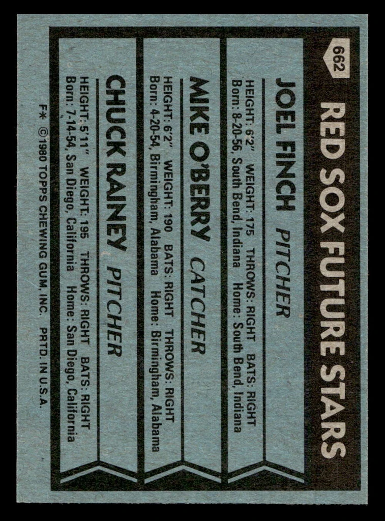 1980 Topps #662 Joel Finch/Mike O'Berry/Chuck Rainey Red Sox Future Stars Near Mint+ RC Rookie 