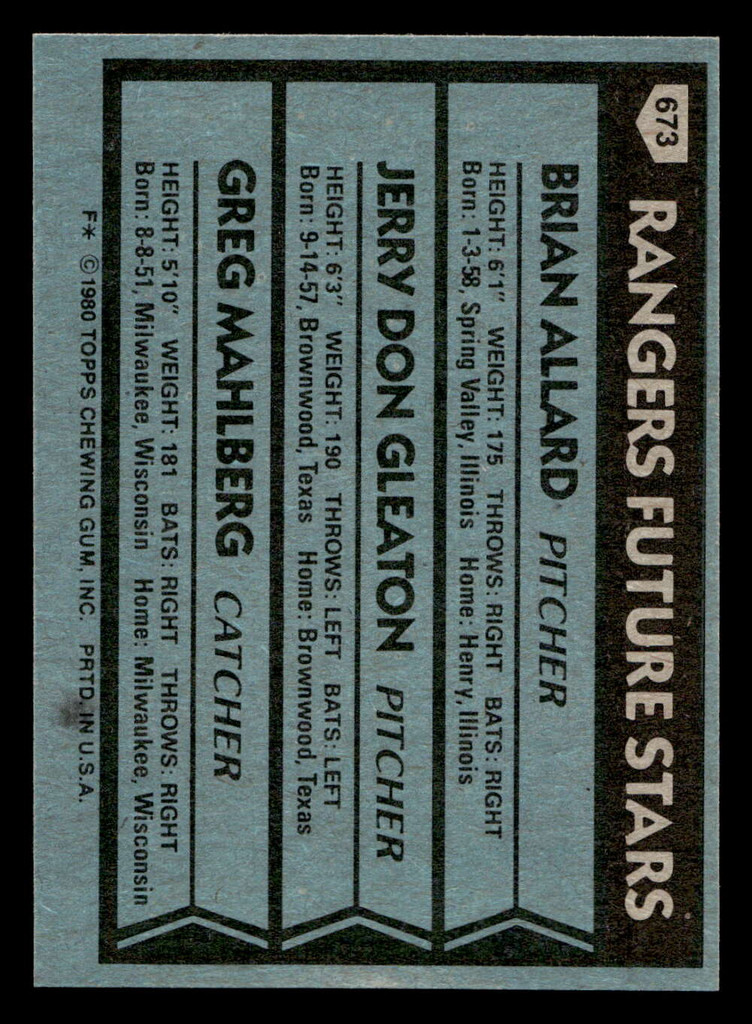 1980 Topps #673 Brian Allard/Jerry Don Gleaton/Greg Mahlberg Rangers Future Stars Near Mint RC Rookie 
