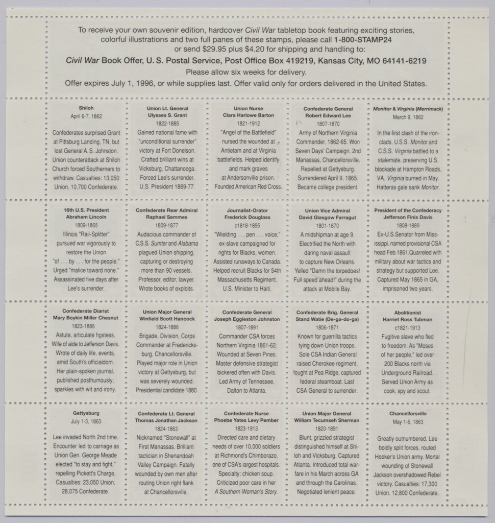 1994 USPS Unused Sheet of 32-cent Civil War Stamps  #*sku37235