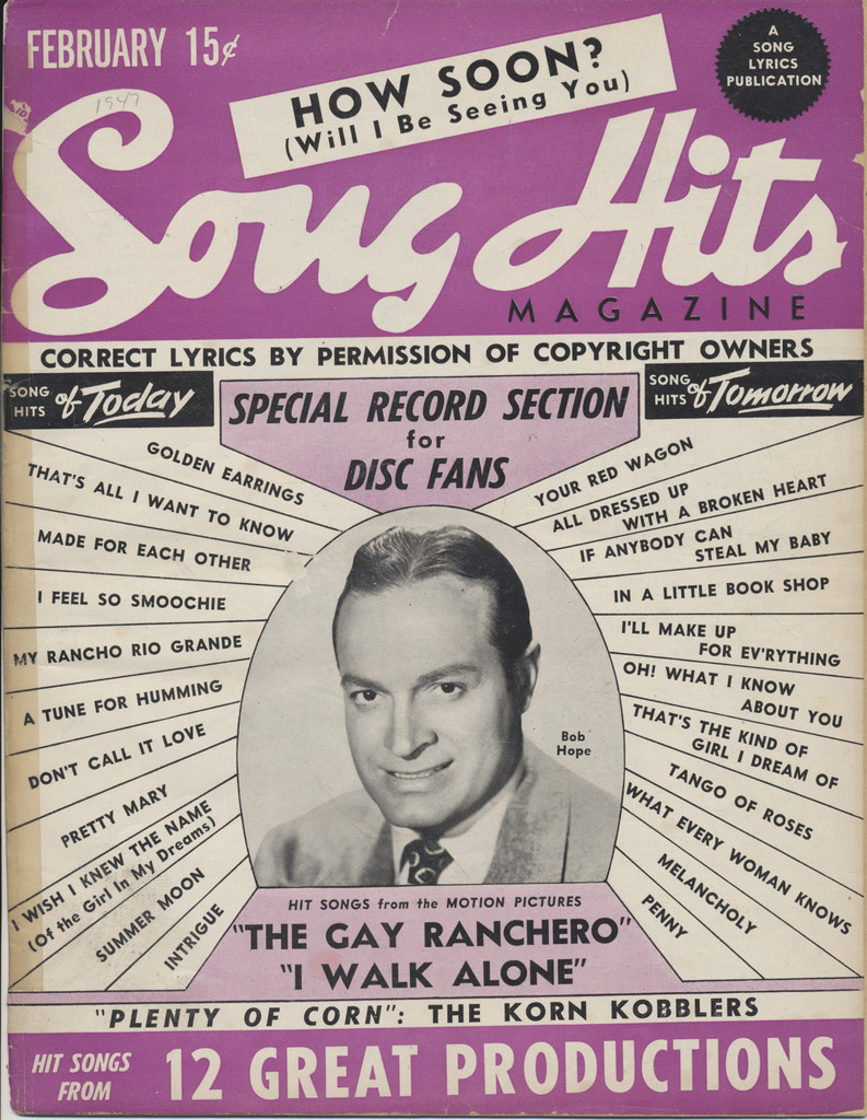 1947 February Song Hits Magazine  Bob Hope on Cover  sku37246