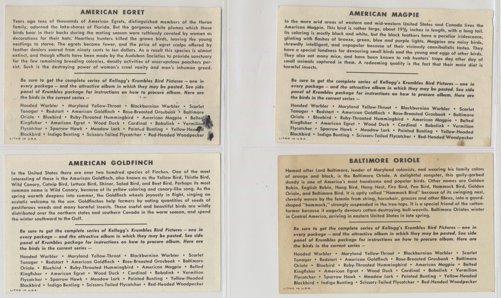 1947 Kellogg's Company F273-2b Birds Pictures Series B 20/24  #*sku37255