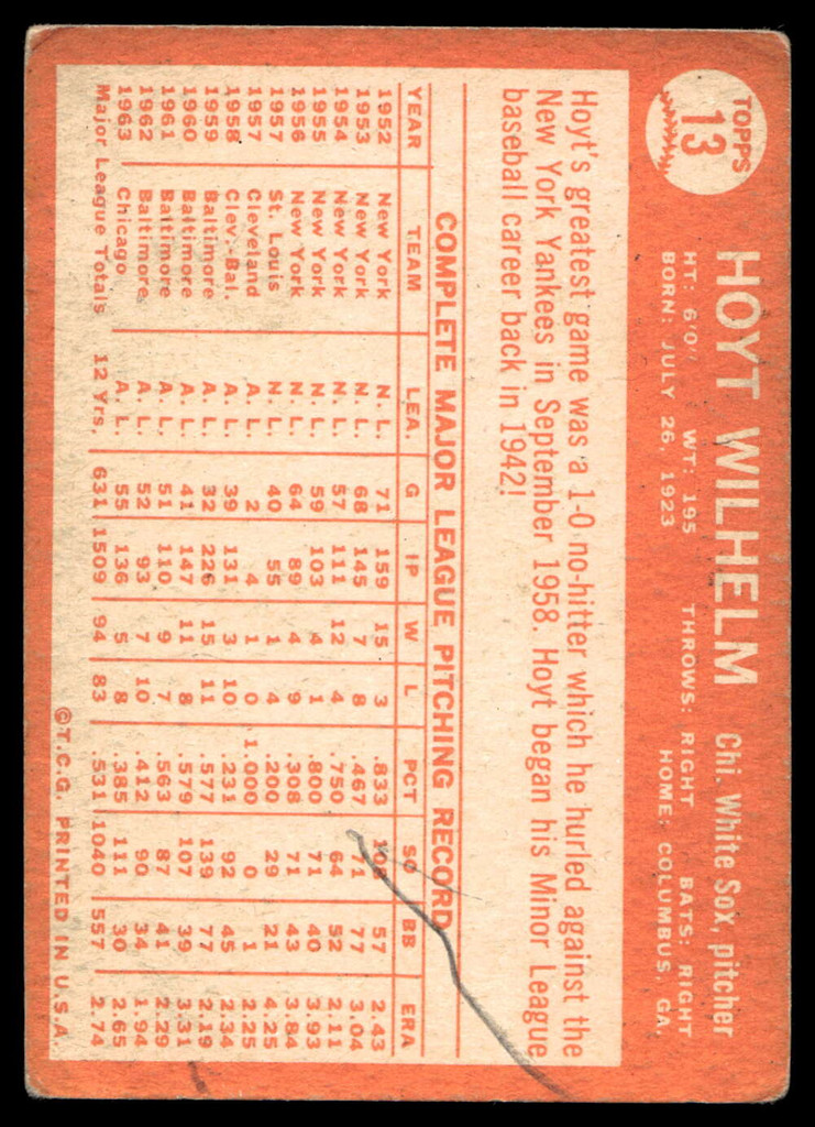 1964 Topps #13 Hoyt Wilhelm Very Good  ID: 523714