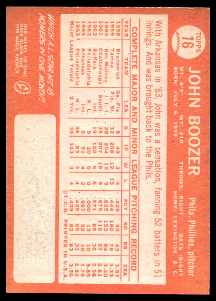 1964 Topps #16 John Boozer Near Mint  ID: 523717