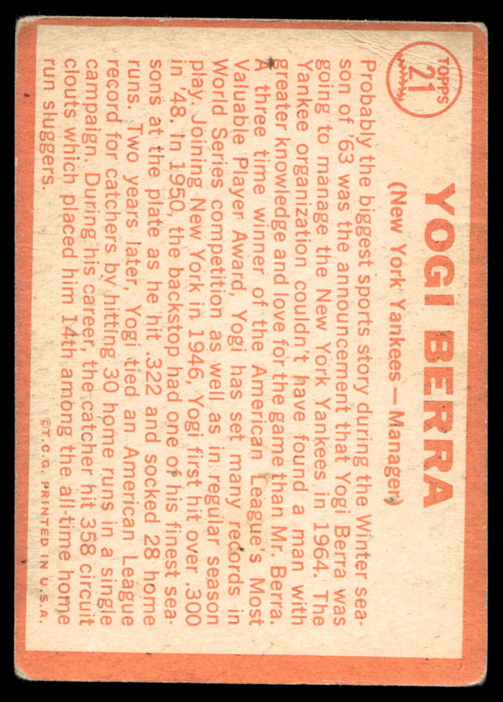 1964 Topps #21 Yogi Berra MG G-VG  ID: 523722