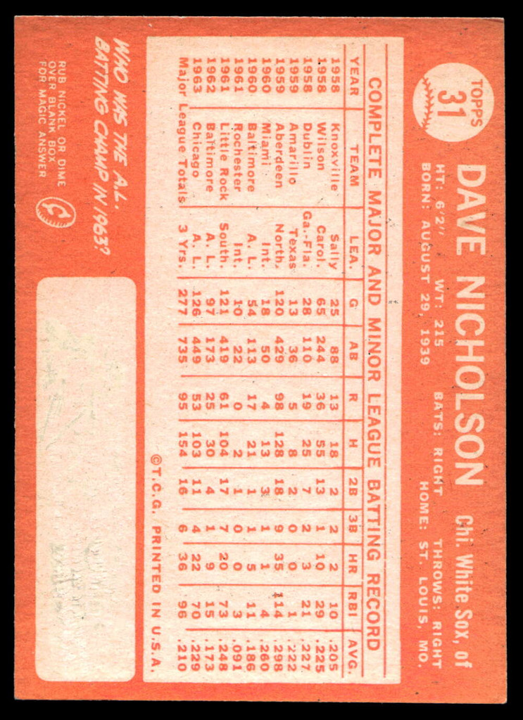 1964 Topps #31 Dave Nicholson Near Mint 