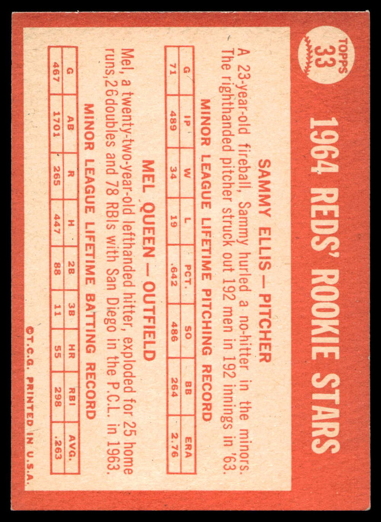 1964 Topps #33 Sammy Ellis/Mel Queen Reds Rookies Ex-Mint RC Rookie  ID: 523728