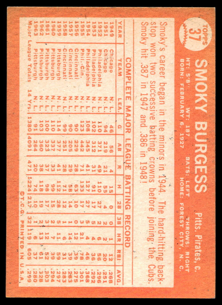 1964 Topps #37 Smoky Burgess Ex-Mint  ID: 523729