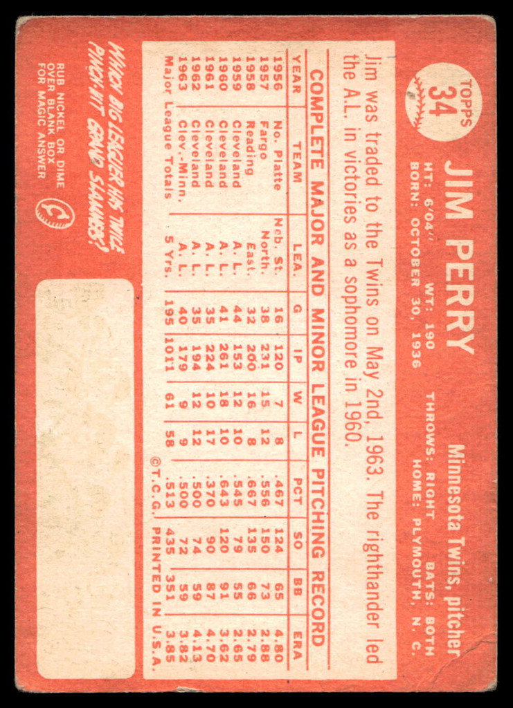 1964 Topps #34 Jim Perry G-VG 
