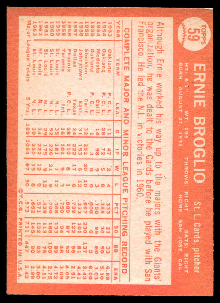 1964 Topps #59 Ernie Broglio Near Mint  ID: 523746