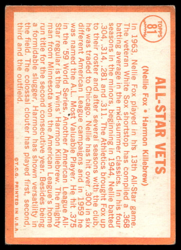 1964 Topps #81 Nellie Fox/Harmon Killebrew All-Star Vets Very Good  ID: 523762