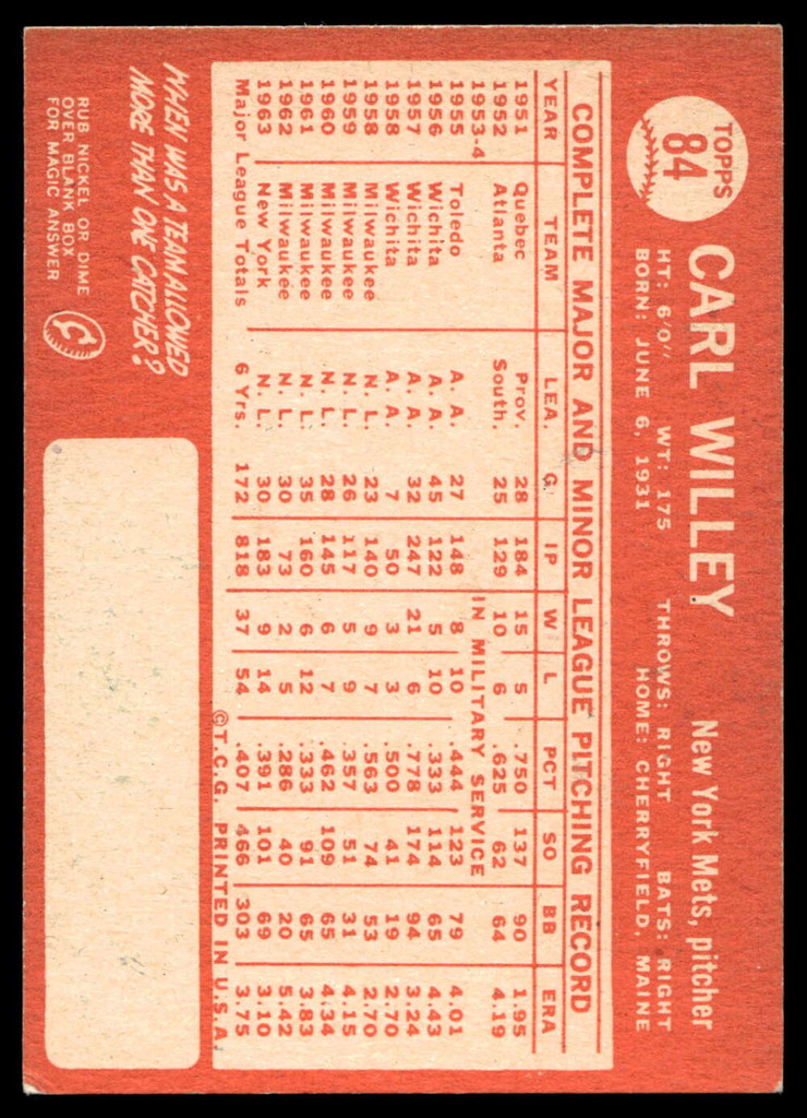 1964 Topps #84 Carl Willey Excellent+  ID: 523763