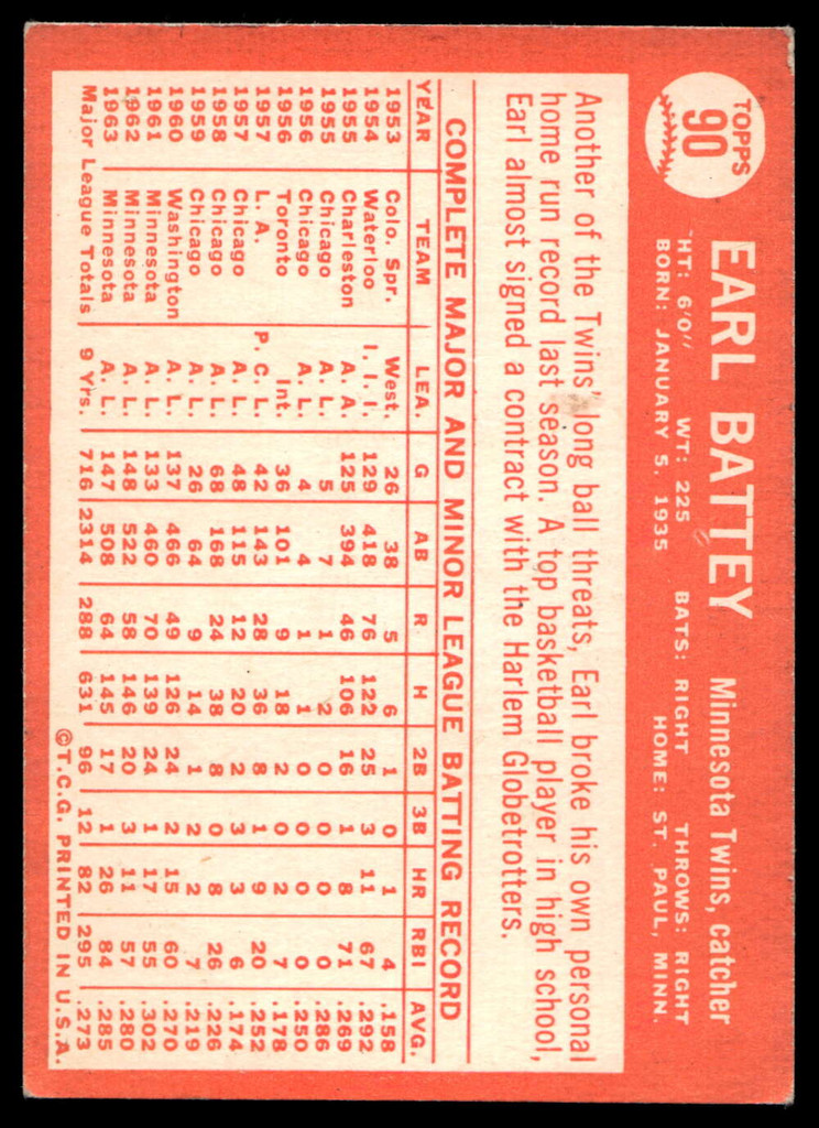 1964 Topps #90 Earl Battey Very Good  ID: 523766