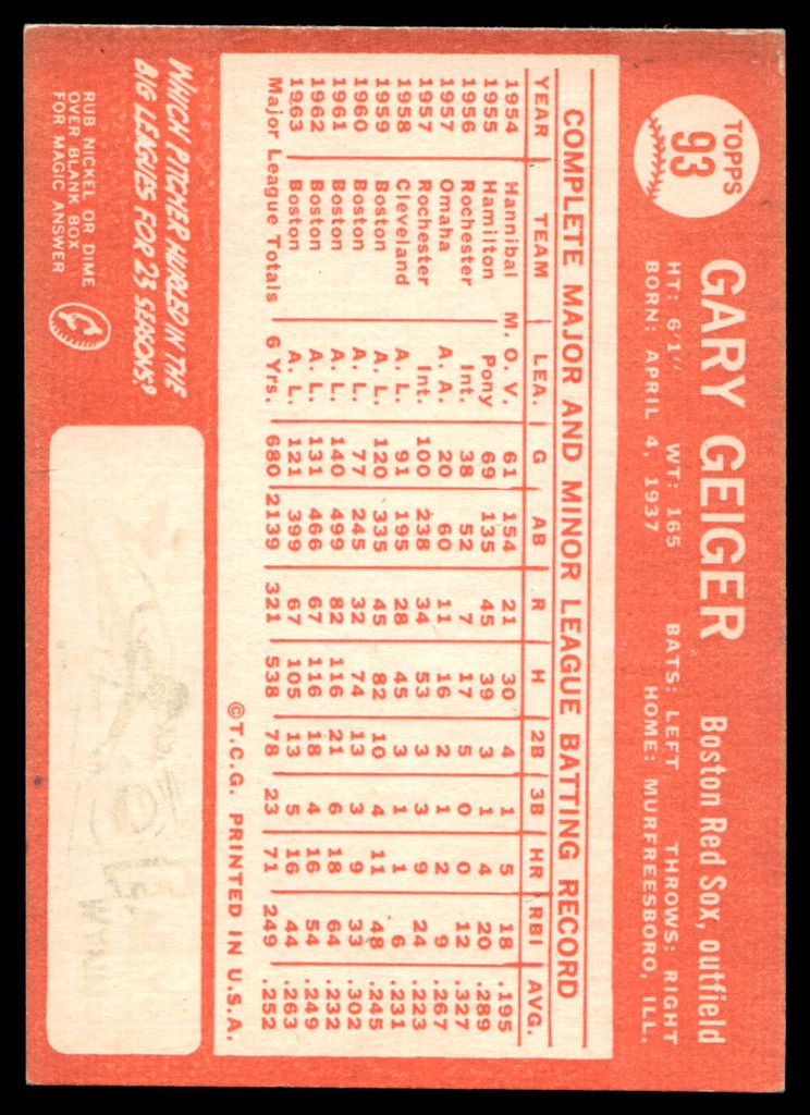 1964 Topps #93 Gary Geiger Ex-Mint  ID: 523768