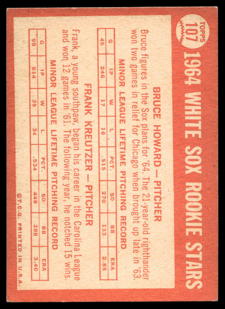 1964 Topps #107 Bruce Howard/Frank Kreutzer White Sox Rookies Ex-Mint RC Rookie  ID: 523777