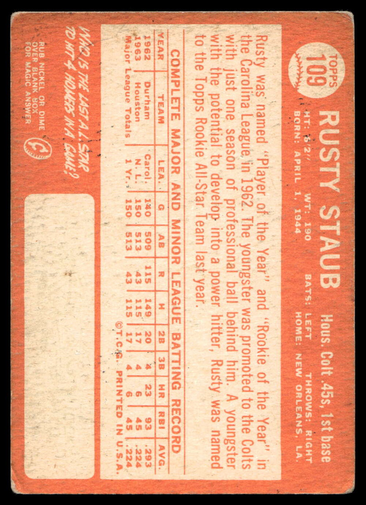 1964 Topps #109 Rusty Staub Very Good  ID: 523779