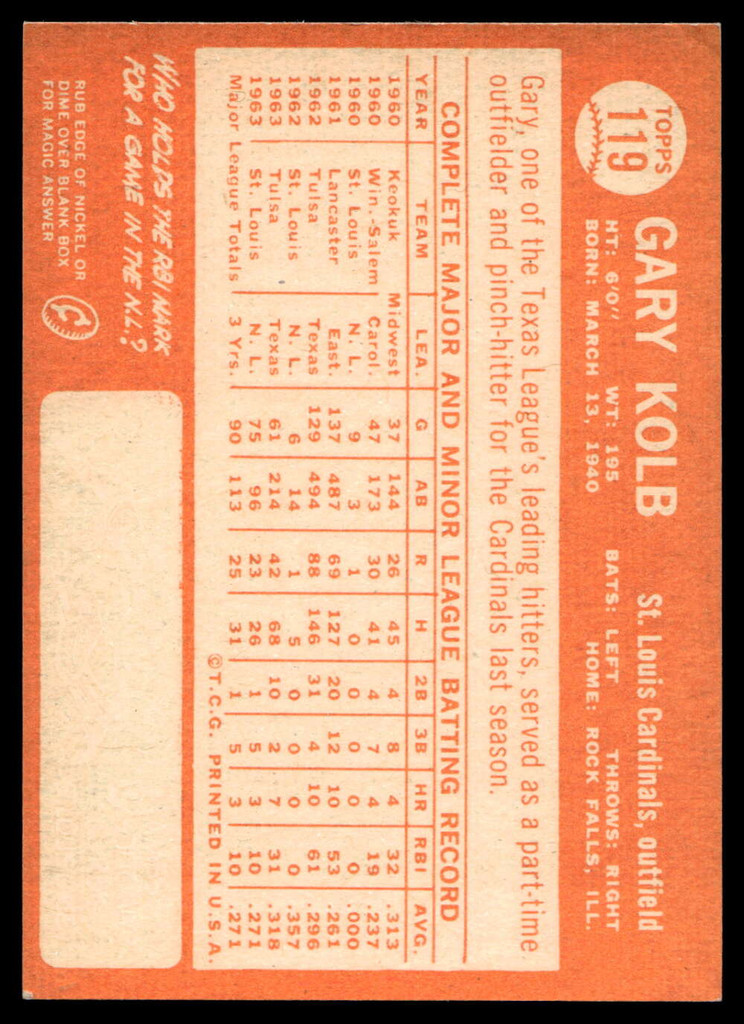 1964 Topps #119 Gary Kolb Near Mint RC Rookie  ID: 523788