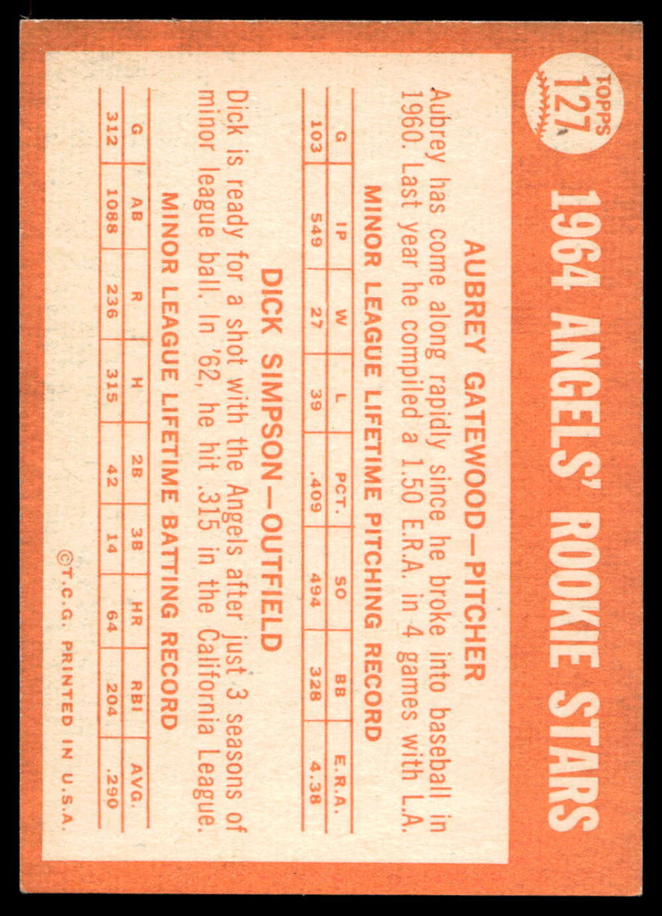 1964 Topps #127 Aubrey Gatewood/Dick Simpson Angels Rookies Near Mint RC Rookie 
