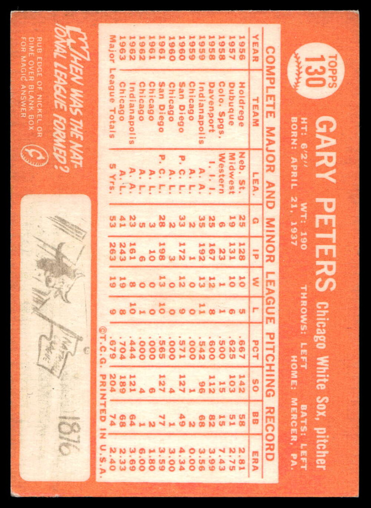 1964 Topps #130 Gary Peters Excellent+  ID: 523795