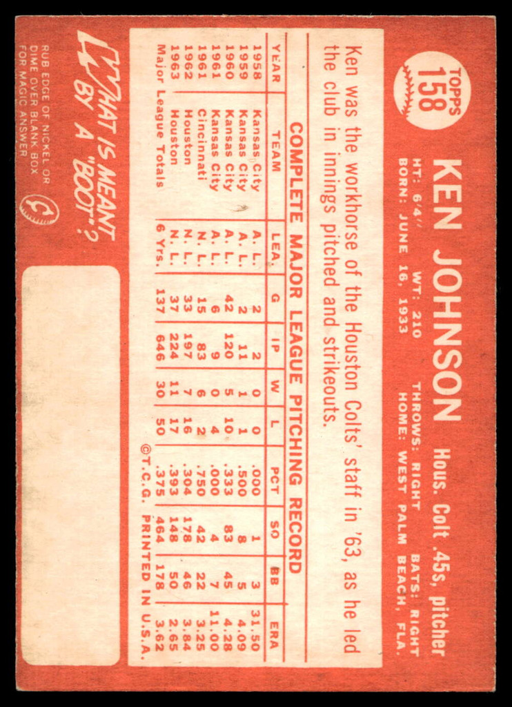 1964 Topps #158 Ken Johnson Excellent+ 