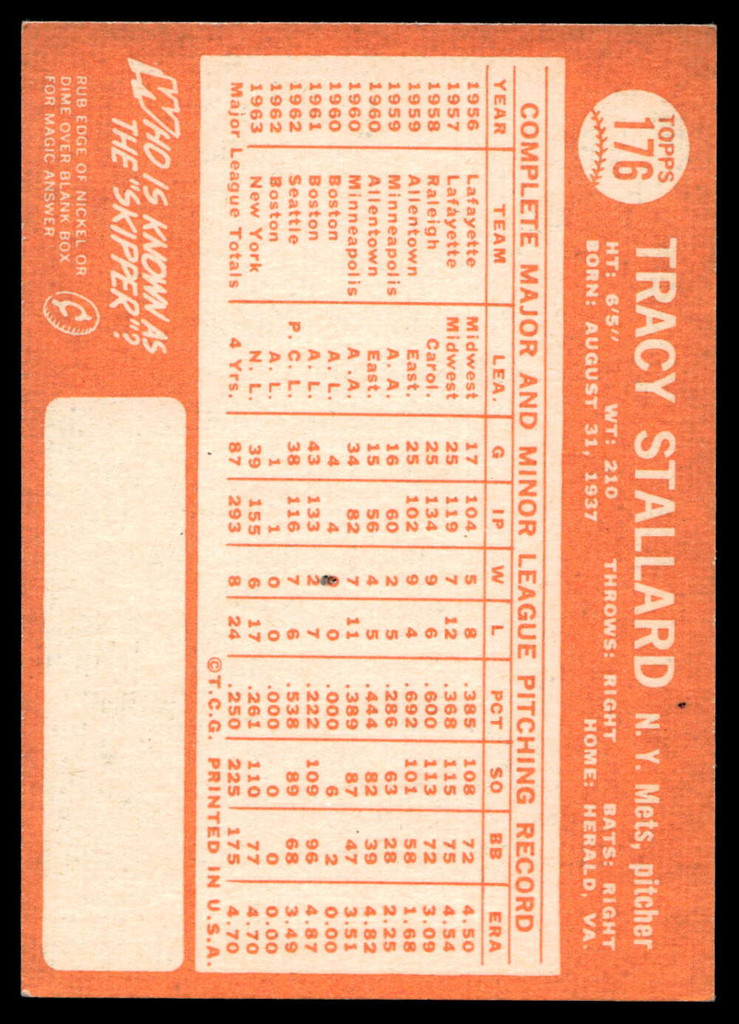 1964 Topps #176 Tracy Stallard Ex-Mint  ID: 523824