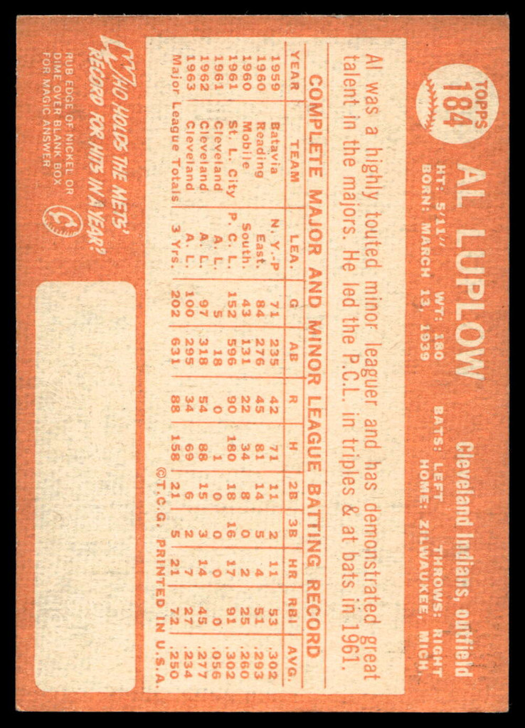 1964 Topps #184 Al Luplow Excellent+  ID: 523830