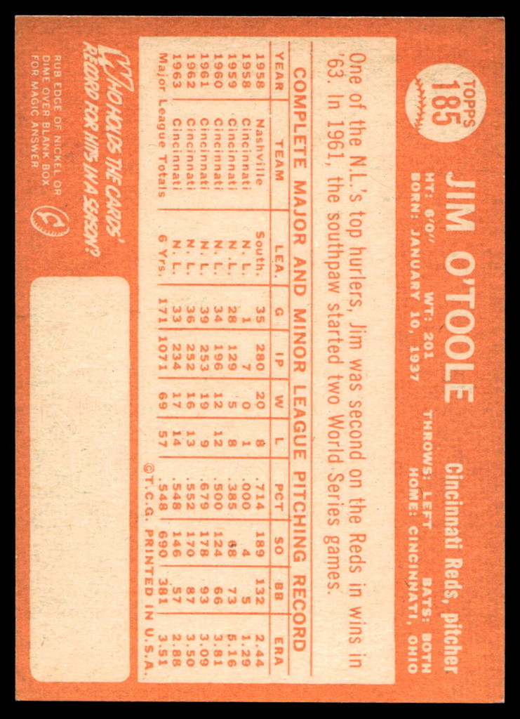 1964 Topps #185 Jim O'Toole Near Mint  ID: 523831