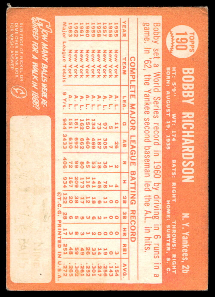 1964 Topps #190 Bobby Richardson Very Good  ID: 523835