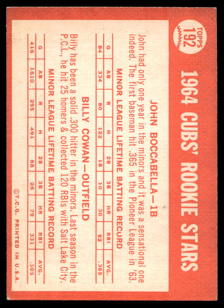 1964 Topps #192 John Boccabella/Billy Cowan Cubs Rookies Excellent+ RC Rookie  ID: 523837