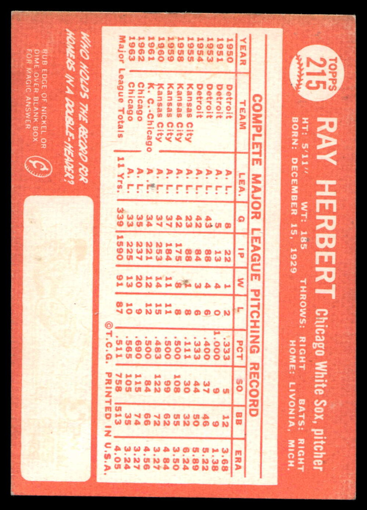 1964 Topps #215 Ray Herbert Ex-Mint  ID: 523854