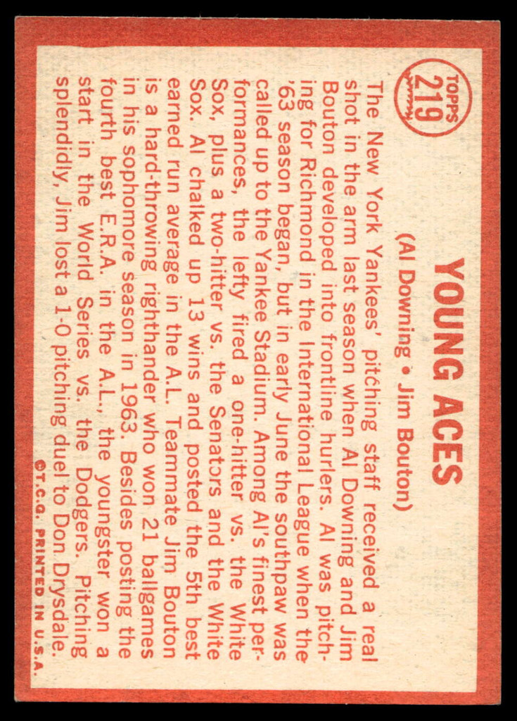 1964 Topps #219 Al Downing/Jim Bouton Young Aces Excellent+  ID: 523858