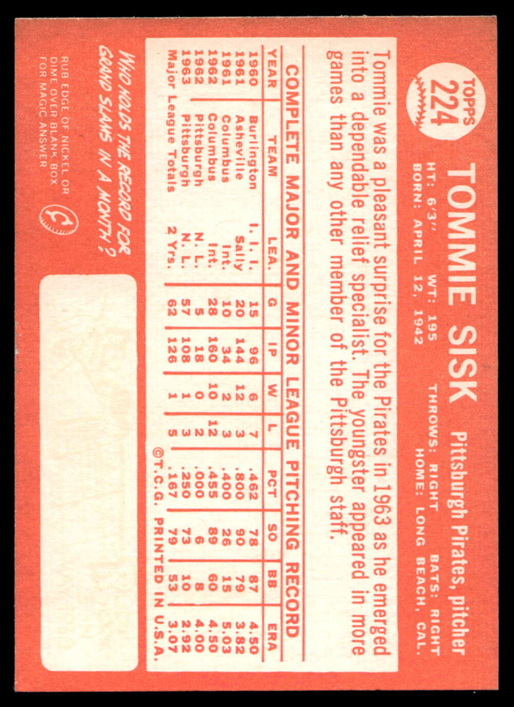 1964 Topps #224 Tommie Sisk Ex-Mint  ID: 523862
