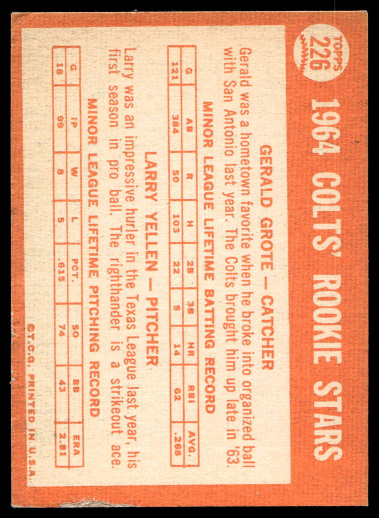 1964 Topps #226 Jerry Grote/Larry Yellen Colts Rookies Very Good RC Rookie 