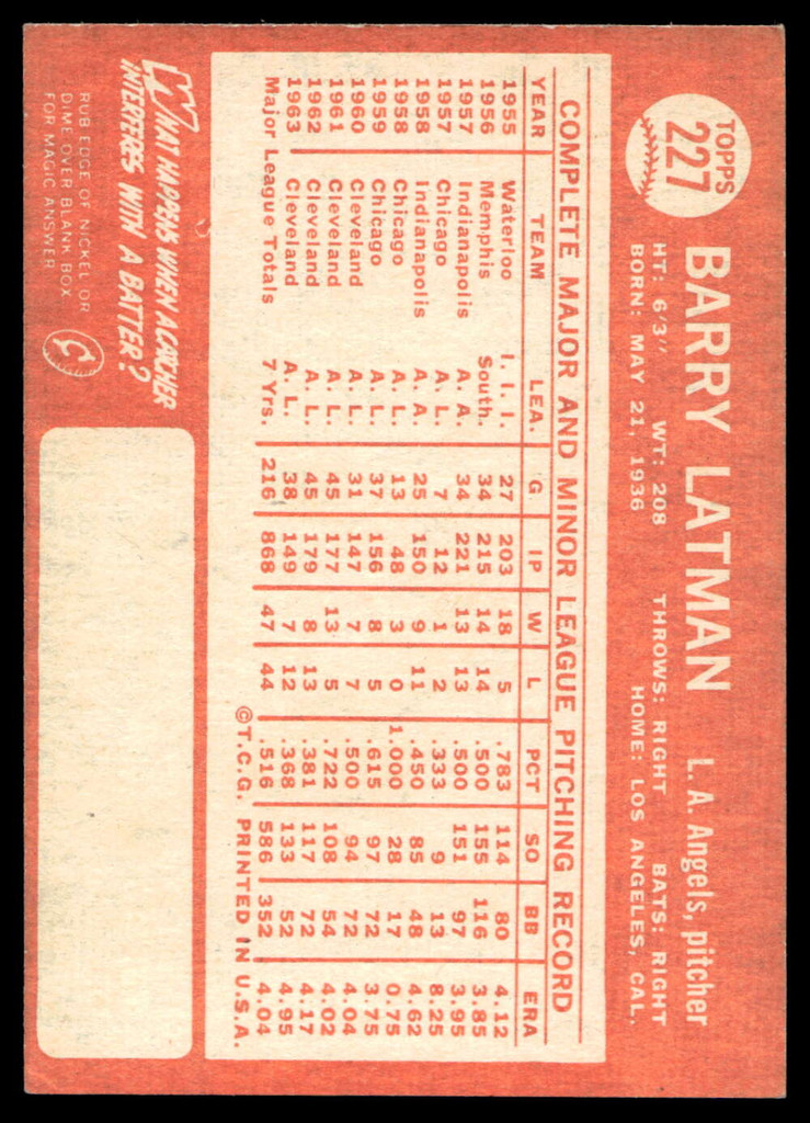 1964 Topps #227 Barry Latman Very Good  ID: 523864