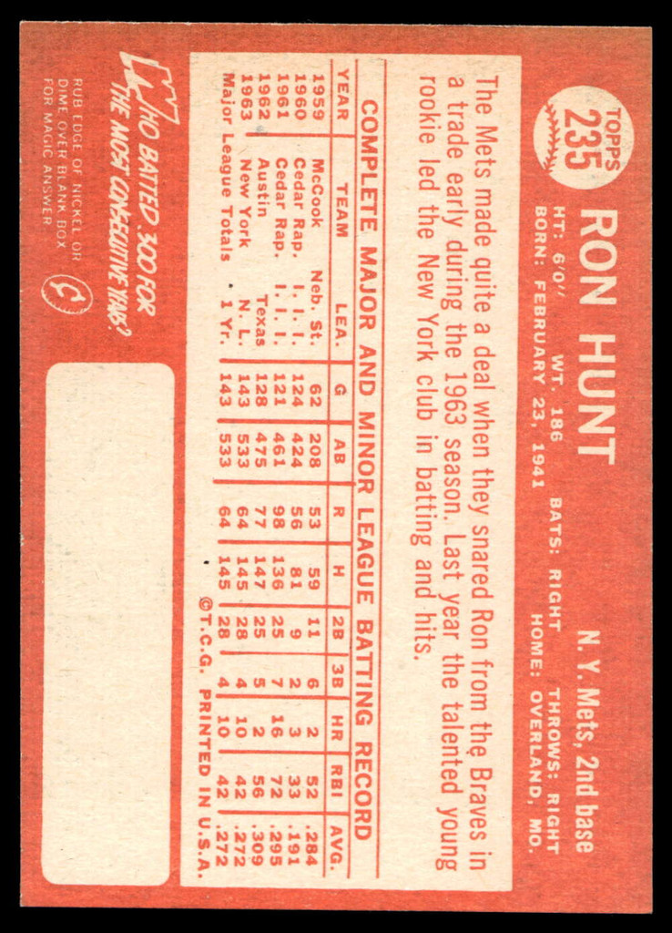 1964 Topps #235 Ron Hunt Near Mint+  ID: 523869